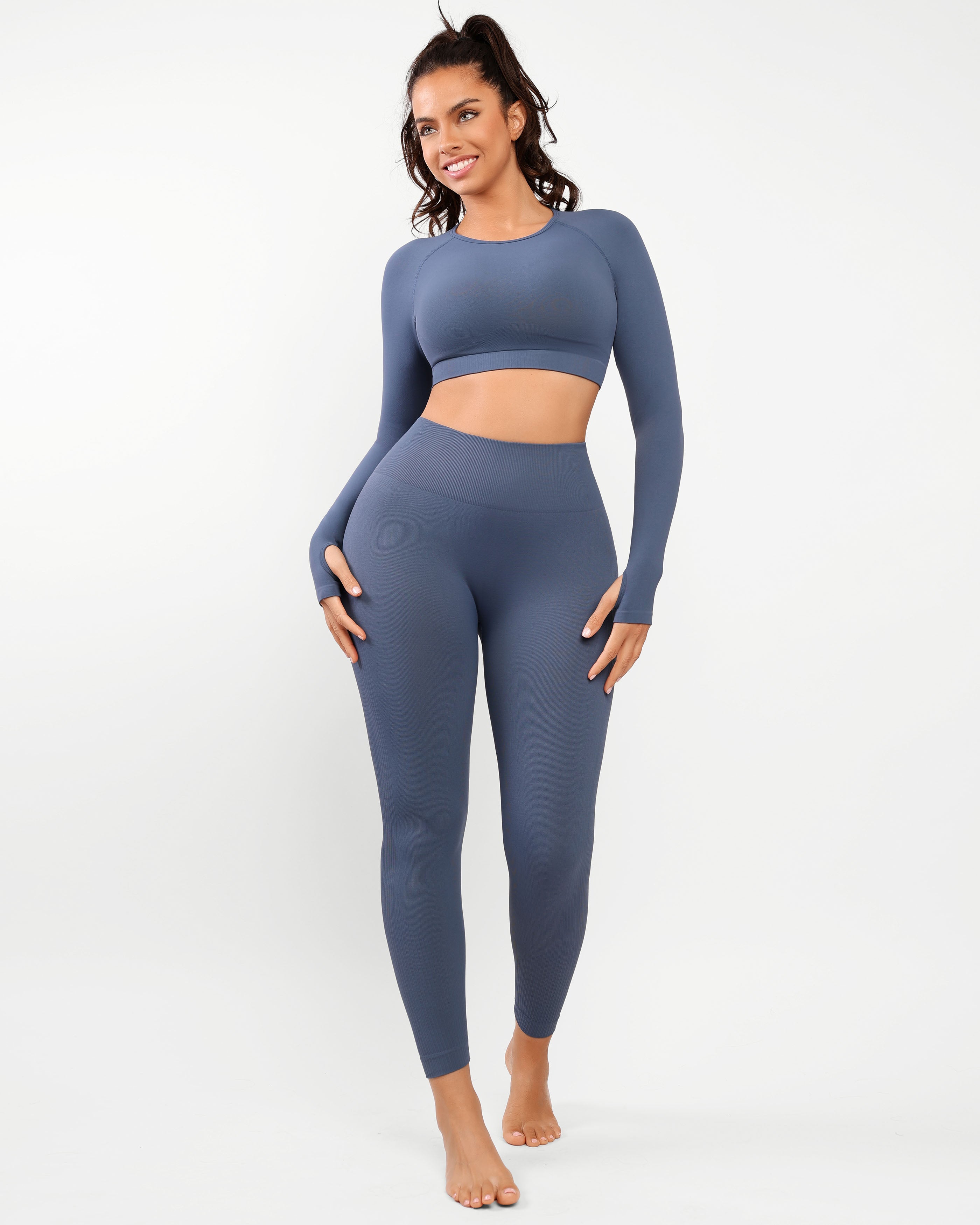  Cosmolle Workout Sets Long Sleeve Outfits for Women Tummy  Control Gym Outfit 2 Piece Set Yoga High Waist Leggings Ribbed Seamless  (Brown,Medium) : Clothing, Shoes & Jewelry