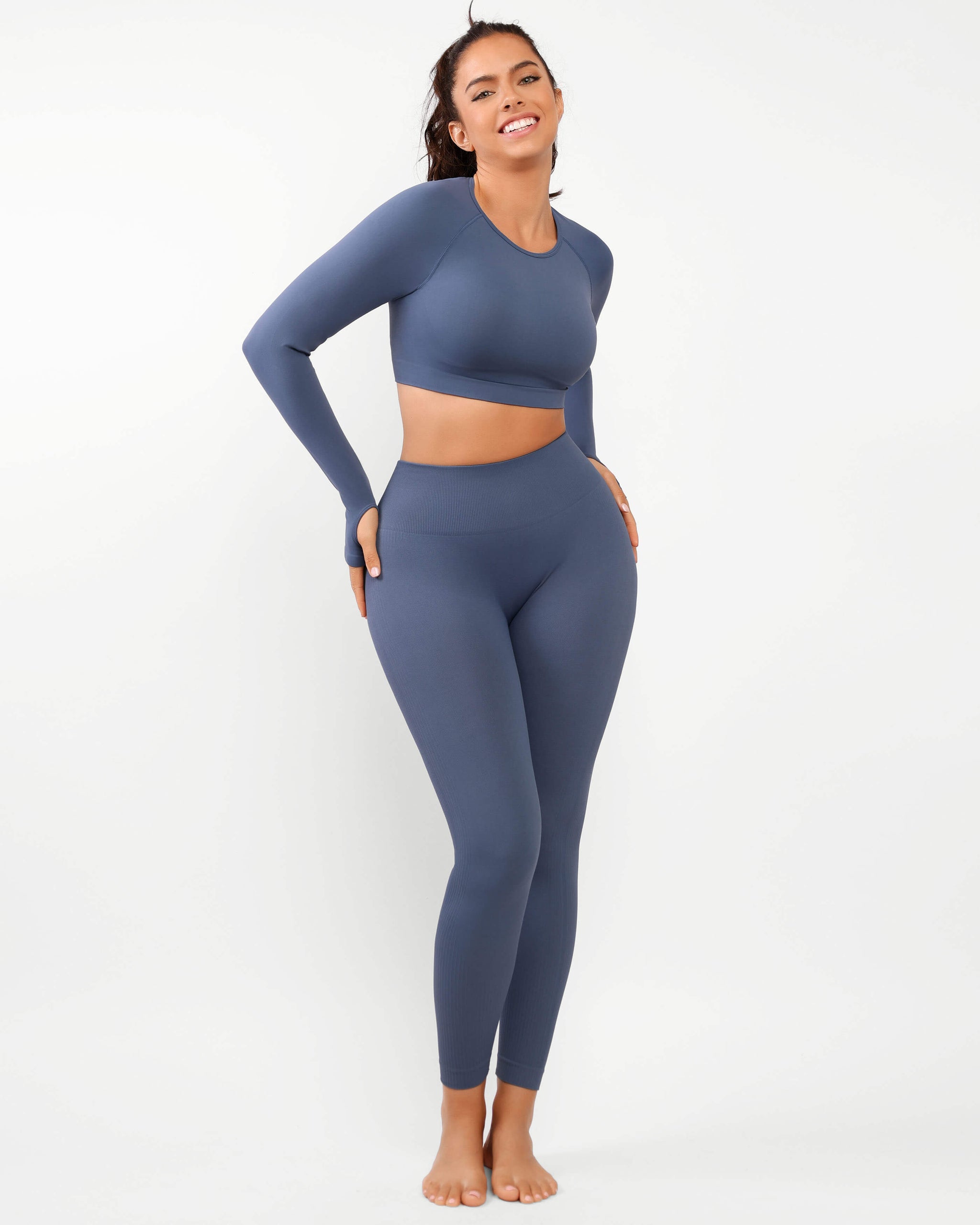 Cosmolle Workout Long Sleeve Outfits for Women Tummy Control Gym Outfit 2  Piece Set Yoga High Waist Leggings Ribbed Seamless, A1-blue, XX-Large :  : Fashion